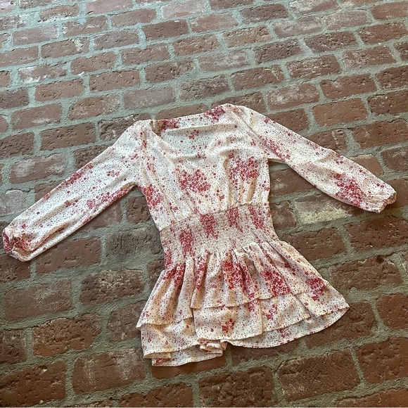 Princess Polly Cream & Red Floral Sheer V-Neck Wide Smocked Waist Mini Dress 8 - Picture 13 of 16